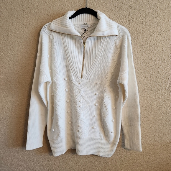 Sedge Sweaters - Sedge White Knit Womens Sweater with Half-Zip Size L  NWT Preppy Quiet Luxury